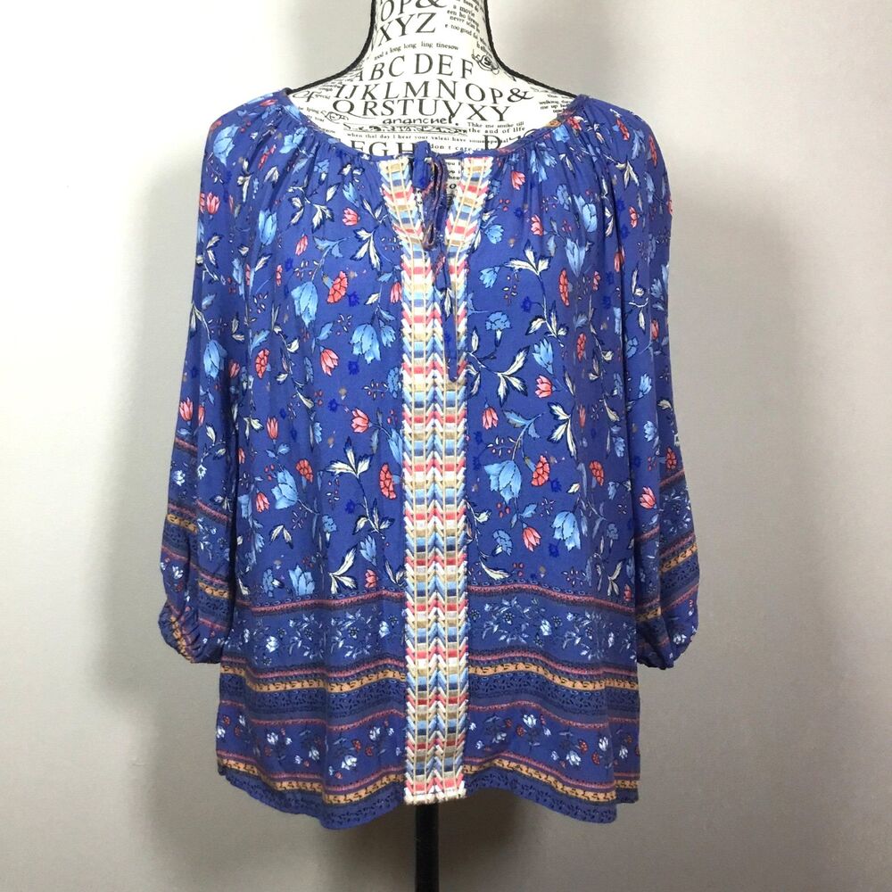 Blue floral floaty embroidered top vertical detail western hippie boho Cowgirl S